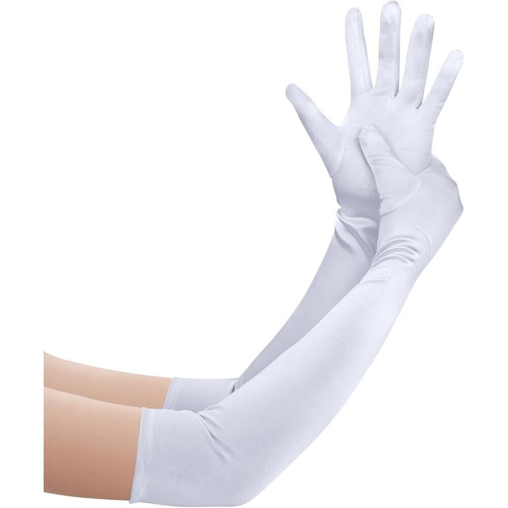 Women's White Long Satin Opera Fabric Gloves Party Tea Stretchy Elbow Length